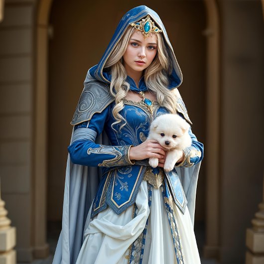 Blauwe Franse prinses met kleine witte hond Tissuepapier