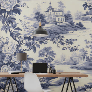 Blauwe Franse stijl Toile De Jouy Behang
