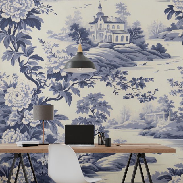 Blauwe Franse stijl Toile De Jouy Behang (Creator heeft geüpload)