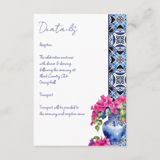 Blauwe Franse Tegels Bougainvillea bruiloft detail Informatiekaartje (Voorkant)