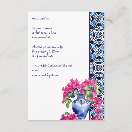 Blauwe Franse Tegels Bougainvillea bruiloft detail Informatiekaartje (Achterkant)