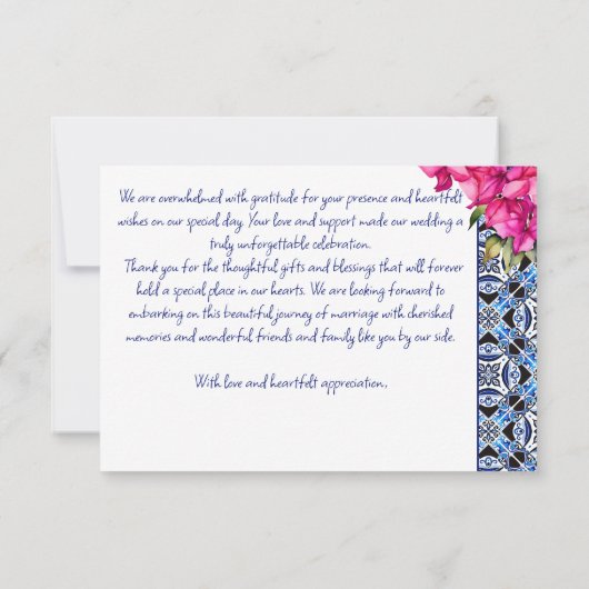 Blauwe Franse Tegels Bougainvillea elegante bruilo Bedankkaart (Achterkant)
