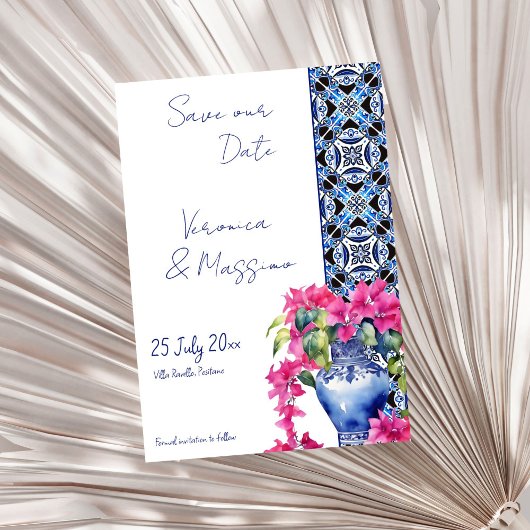 Blauwe Franse Tegels Bougainvillea elegante bruilo Save The Date