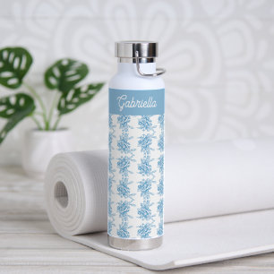 Blauwe Franse Toile Bloemenpatroon Naam Waterfles