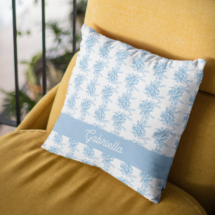 Blauwe Franse Toile Bloemenpatroonnaam Kussen