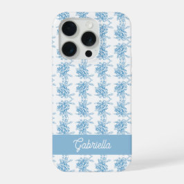 Blauwe Franse Toile Bloemmotief Naam iPhone 15 Pro Case