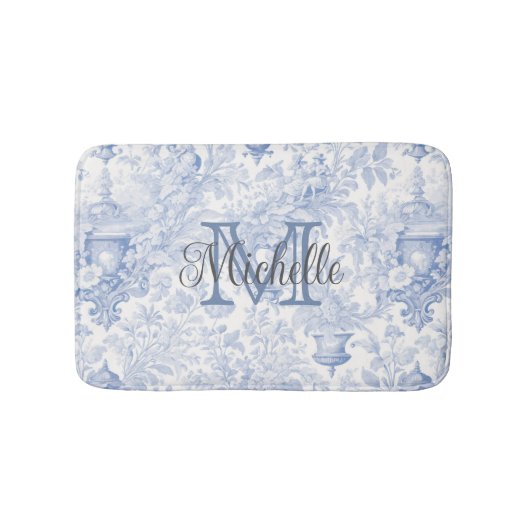 Blauwe Franse Toile de Jouy Monogram Initiaal Naam Badmat (Voorkant)