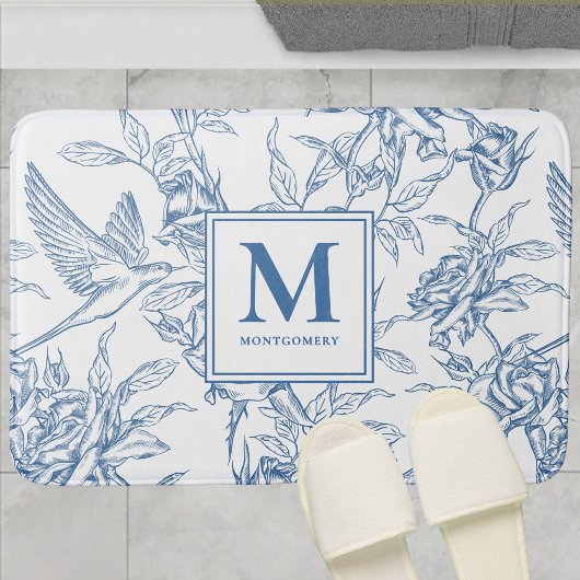 Blauwe Franse Toile de Jouy Monogramnaam Badmat