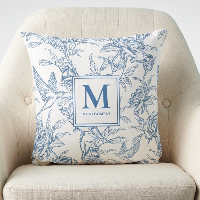 Blauwe Franse Toile de Jouy Monogramnaam Kussen (Creator heeft geüpload)