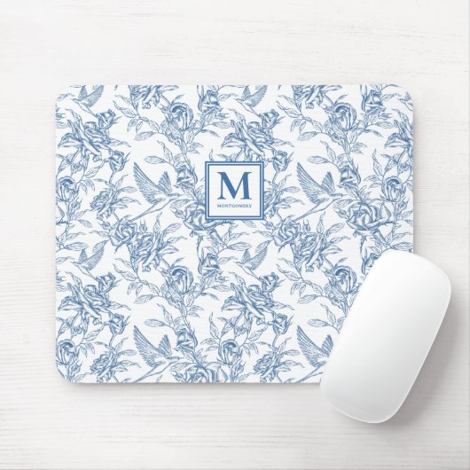 Blauwe Franse Toile de Jouy Monogramnaam Muismat (Met muis)
