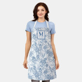 Blauwe Franse Toile de Jouy Monogramnaam Schort (Gedragen)