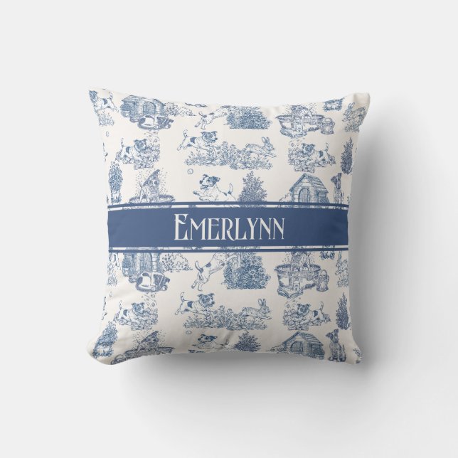 Blauwe Franse Toile Hond Monogram Accent Kussen (Voorkant)
