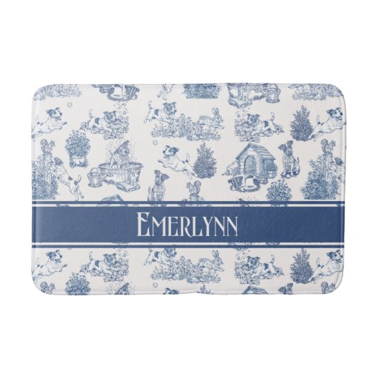 Blauwe Franse Toile Hond Monogram Decoratie Badmat (Voorkant)