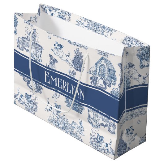 Blauwe Franse Toile Honden Monogram Groot Cadeauzakje (Voorkant Gekanteld)