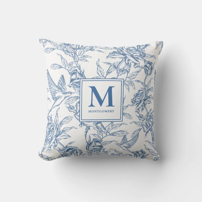 Blauwe Franse Toile Monogram Naam Kussen (Voorkant)