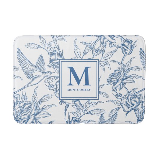 Blauwe Franse Toile Monogramnaam Badmat (Voorkant)