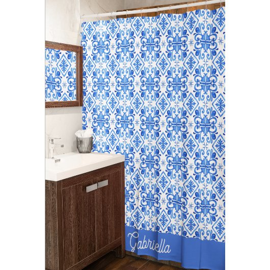Blauwe Franse Toile-patroonnaam Douchegordijn