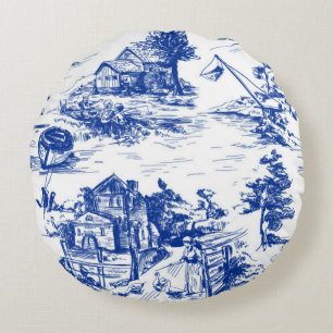 Blauwe Franse Toile  Rond Kussen