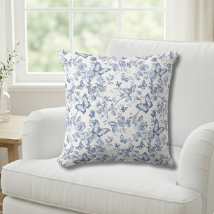Blauwe Franse Toile Waterverf Bloemvlinder Kussen