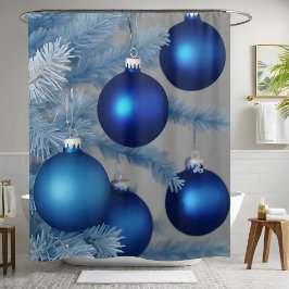Blauwe Frosted Ornamenten White Tree Christmas Douchegordijn