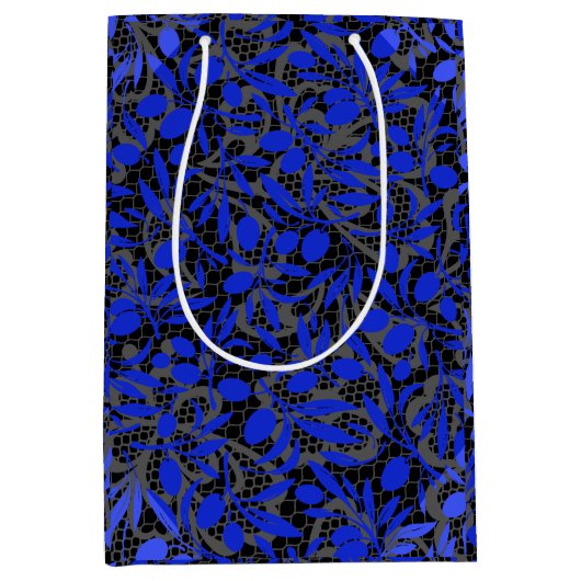 Blauwe fruittakken op Grijs net.2tonesx4 Zwart BG Medium Cadeauzakje (Voorkant)