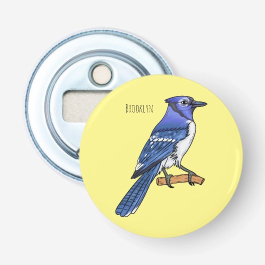 Blauwe gaai cartoon illustratie button flesopener (Voorkant)