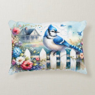 Blauwe Gaai Cottage Tuin Schutting Scene Accent Kussen