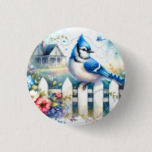 Blauwe Gaai Cottage Tuin Schutting Scene Ronde Button 3,2 Cm