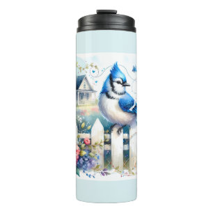 Blauwe Gaai Cottage Tuin Schutting Scene Thermosbeker