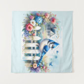 Blauwe Gaai Cottage Tuin Schutting Scene Wandkleed (Voorkant (horizontaal))