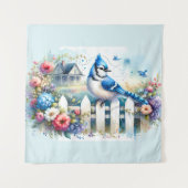 Blauwe Gaai Cottage Tuin Schutting Scene Wandkleed (Voorkant)