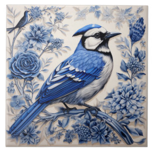 Blauwe Gaai Geïnspireerde Vogel met Blauwe Bloesem Tegeltje