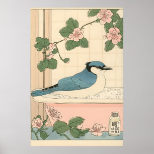 Blauwe Gaai in badkuip print Japanse badkamerkunst