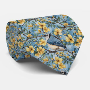 Blauwe Gaai in Gele Bloesems Stropdas