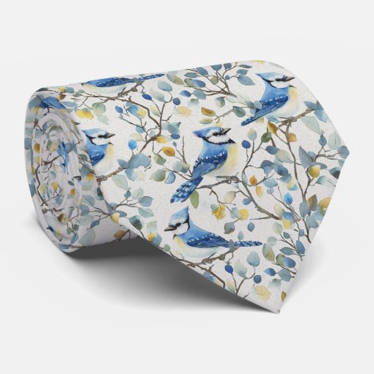 Blauwe Gaai in Gele Bloesems Stropdas (Opgerold)