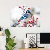 Blauwe Gaai in Gewone Winterbes Poster (Thuiskantoor)