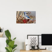 Blauwe Gaai in Nandina Hemelse Bamboe Poster (Thuiskantoor)