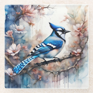 Blauwe Gaai Kersenbloesem aquarel Glazen Onderzetter