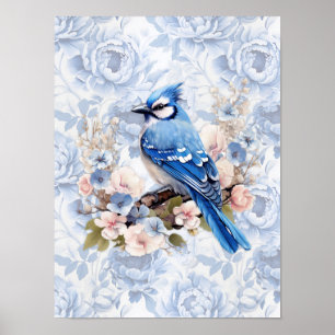 Blauwe Gaai met Korenbloem Blauwe & Blos Roze Bloe Poster