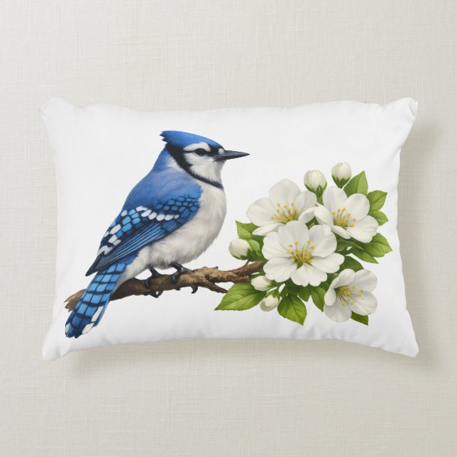Blauwe Gaai met Witte Bloesems Accent Kussen (Voorkant)