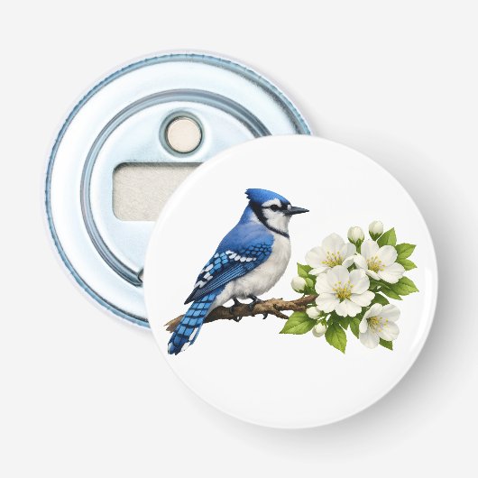 Blauwe Gaai met Witte Bloesems Button Flesopener (Voorkant)