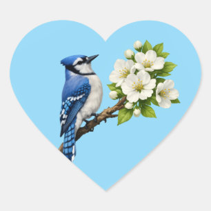 Blauwe Gaai met Witte Bloesems Hart Sticker