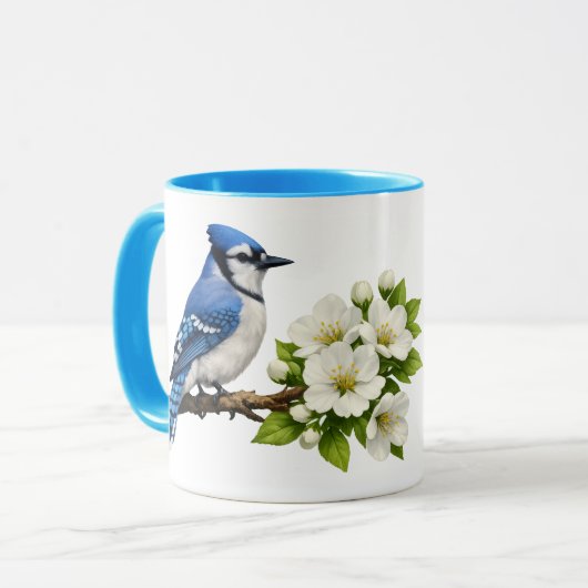 Blauwe Gaai met Witte Bloesems Mok (Voorkant links)