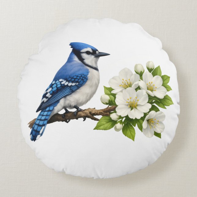 Blauwe Gaai met Witte Bloesems Rond Kussen (Voorkant)