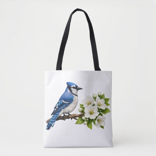 Blauwe Gaai met Witte Bloesems Tote Bag (Voorkant)