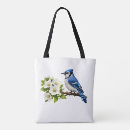 Blauwe Gaai met Witte Bloesems Tote Bag