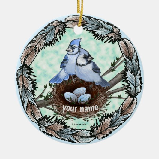Blauwe Gaai Nest Keramisch Ornament (Voorkant)