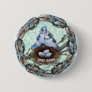 Blauwe Gaai Nest  Ronde Button 5,7 Cm