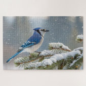 Blauwe Gaai op Besneeuwde Dennentak Legpuzzel (Horizontaal)