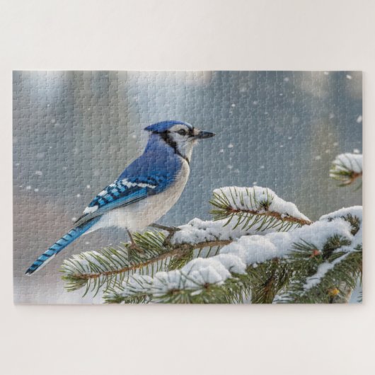 Blauwe Gaai op Besneeuwde Dennentak Legpuzzel (Horizontaal)